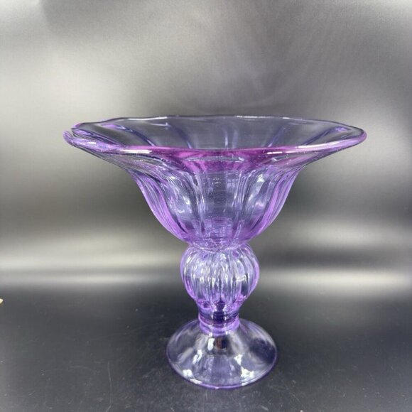 Large Hand Blown Pedestal Bright Purple Lilac Glass Bowl Footed Vase Vintage - Picture 11 of 16